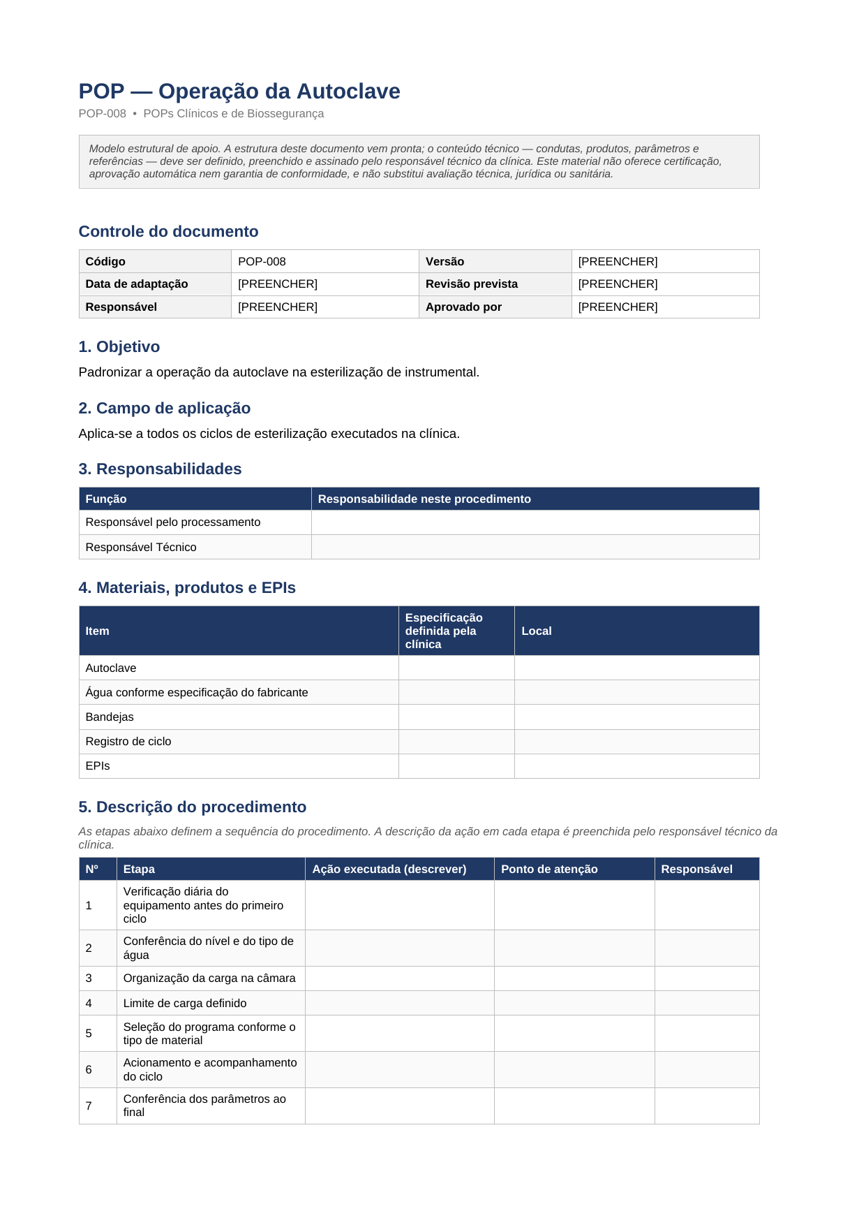 Primeira página do documento POP de Operação da Autoclave