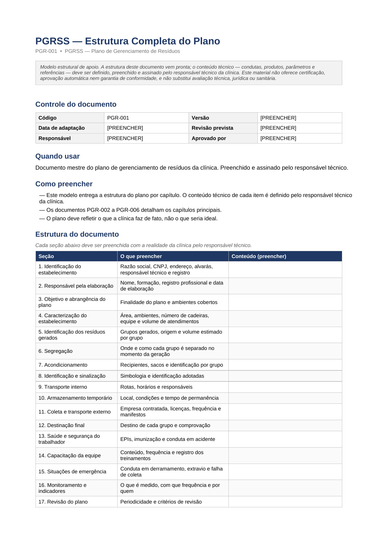 Primeira página do documento PGRSS, estrutura completa do plano