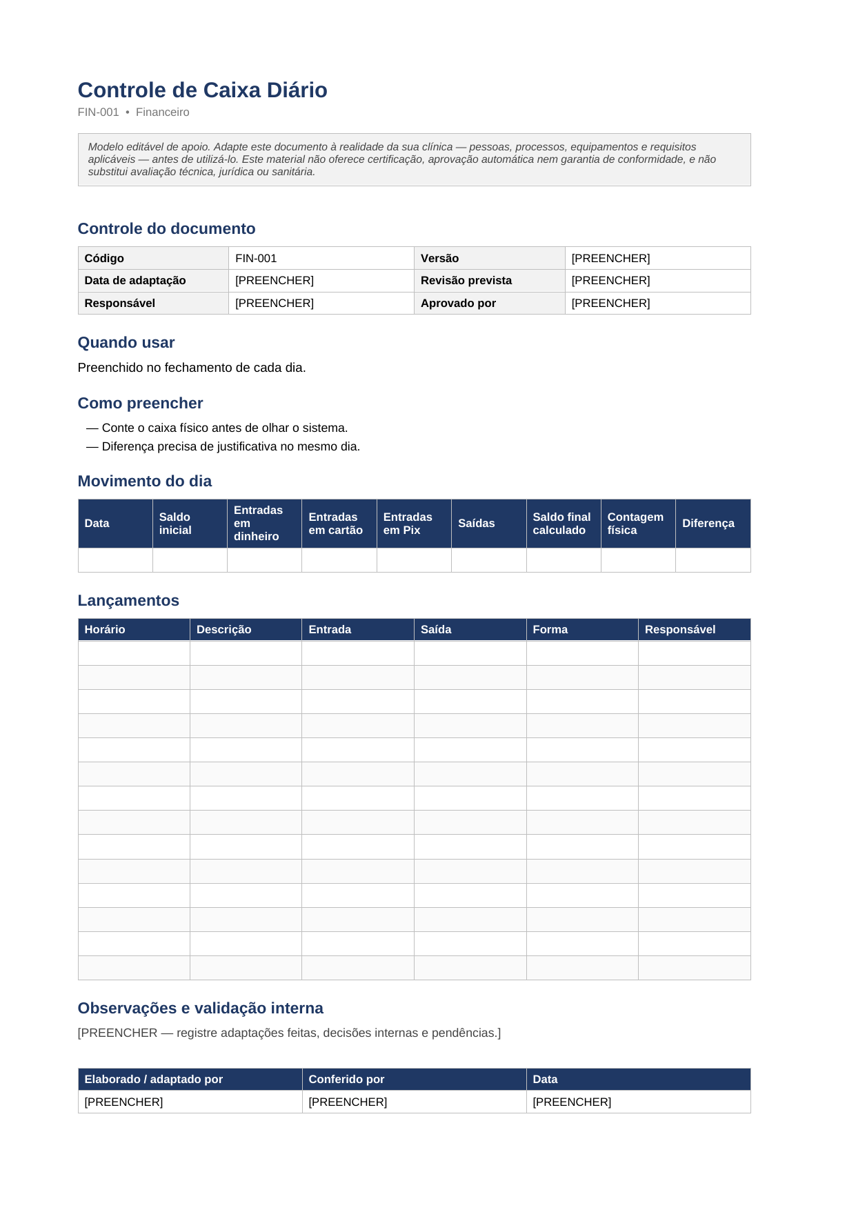 Primeira página do documento Controle de Caixa Diário