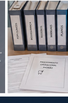 Pastas organizadas com POPs clínicos, biossegurança, registros, manuais e planos